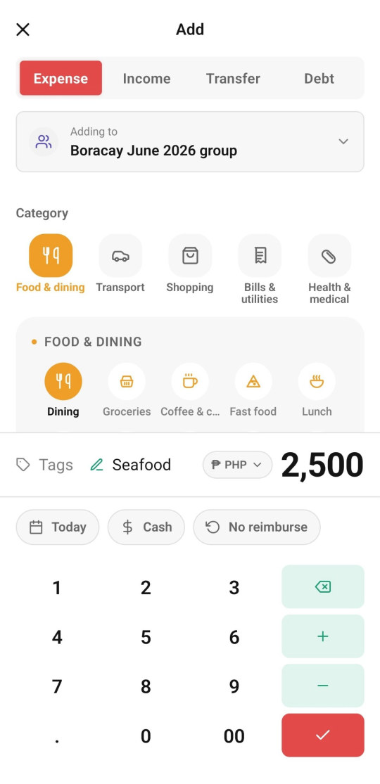 The Nexo add-expense sheet: expense, income, transfer and debt tabs, category and subcategory pickers, a currency selector and a number keypad.